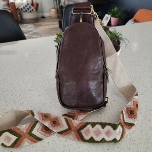 Brown Crossbody Sling Bag with Patterned Strap New Without Tag